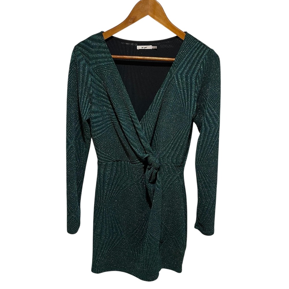 Miami Holiday Dress Womens Medium Green Wrap Front Tie Waist Long Sleeve Mini